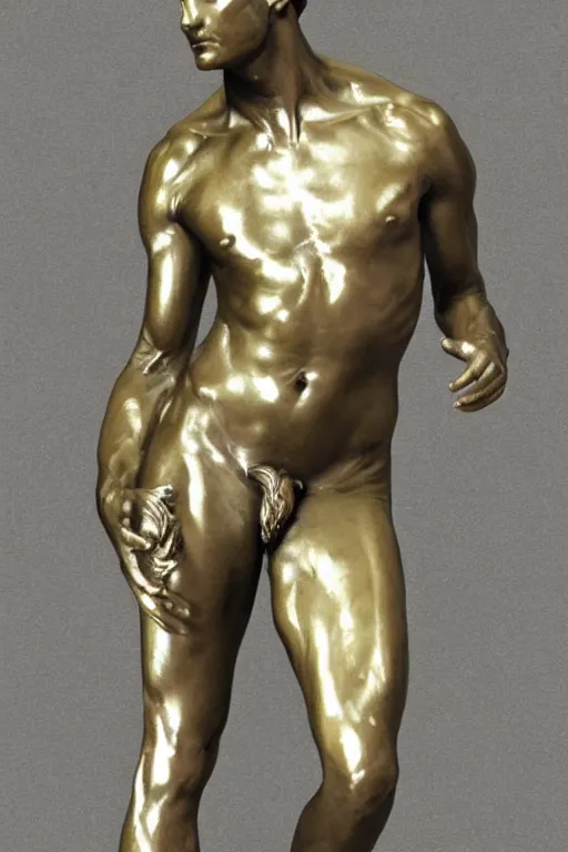 Prompt: andromeda prince statue sculpted by bernini and hedi xandt made with black marble with gold plating, realistic