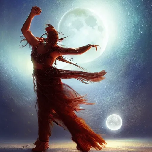 Prompt: a shaman dancing with light, highly detailed moon fills the background, by Raymond Swanland