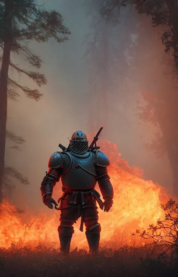 Image similar to a knight among flowers in dark forest surrounded by fire and smoke, moody, rim light, dynamic lighting, cinematic shot, gritty, ultra - detail, renderman, physically based render, greg olsen and liz lemon swindle