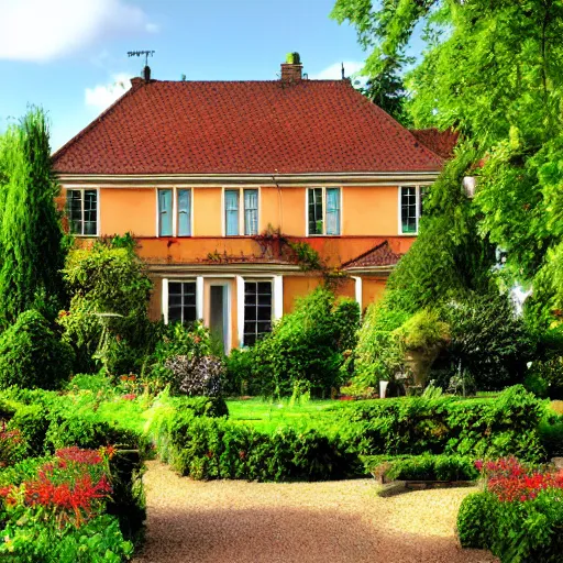 Prompt: serene garden with house in background, high quality, high resolution