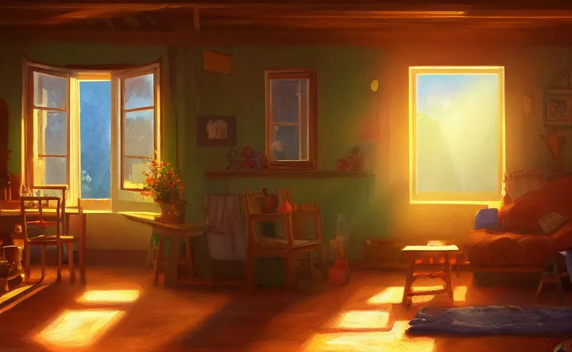 Image similar to happy morning and the rays of the morning sun shining through the window of the village house. very beautiful, clear sky, warm colors, oil painting, high detail, trending on artstation