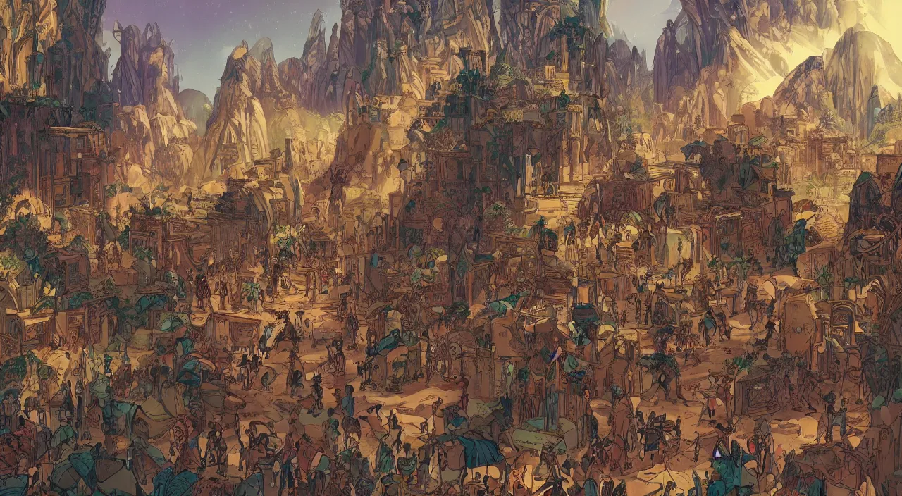 Prompt: vector wonderland bazaar zouk old egypt epic fantasy painting photoshop that looks like it is from borderlands and by feng zhu and loish and laurie greasley, victo ngai, andreas rocha, john harris