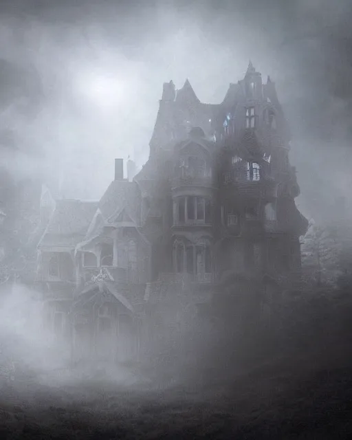 Image similar to a wide angle low photo of a colossal haunted victorian mansion on the edge of a cliff above a misty forest at night, volumetric light, epic proportions, ectoplasm, mystical, occult, alchemy, ultra detailed, 8 k