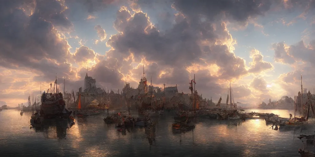 Image similar to beautiful seventeenth century harbour, vivid colors, gorgeous clouds, god rays, digital art, landscape, fantasy art, octane render, ureal engine, high detail, very realistic, by greg rutkowski. by james gurney