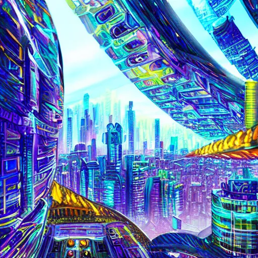 Prompt: futuristic cityscape made of bismuth crystals, saturated colours, high detail, digital art