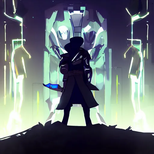 Image similar to poster soldier in trench coat looking up at crystal, hyperlight drifter, black color smoke, black rock shooter, wallpaper, hollow knight