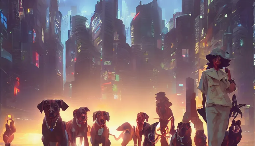 Prompt: a group of lawbreaking dogs trying to appear funny, cyberpunk art by yumihiko amano, jesper ejsing, by rhads, makoto shinkai and lois van baarle, ilya kuvshinov, cgsociety, figurative art, toonami, zbrush, official art