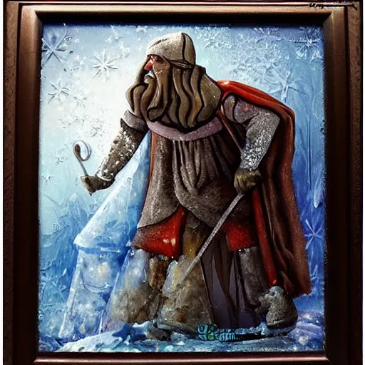 Image similar to painting of frozen medieval peasant ice statue, dark fantasy, fairytale