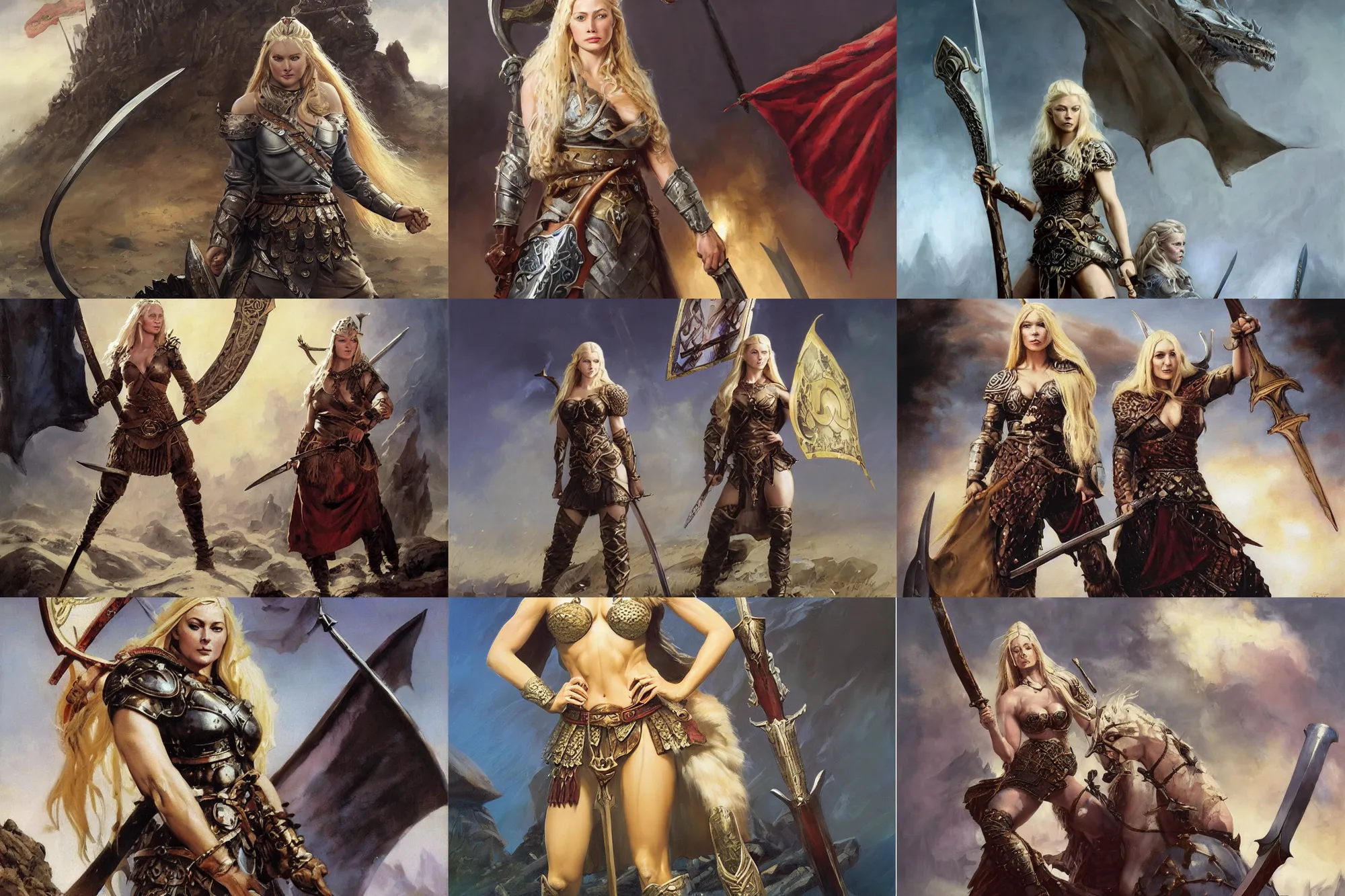 Prompt: An oil painting of a beautiful blonde viking woman posing with a war banner and sword on a battlefield, dragon scale armor, aesthetic face, by Frank Frazetta, Greg Rutkowski, Boris Vallejo, Neal Hanson, Christian MacNevin, epic fantasy character art, goddess of war, goddess of anger, high fantasy, full length, exquisite detail, post-processing, low angle, masterpiece, cinematic, colossal dragon in background