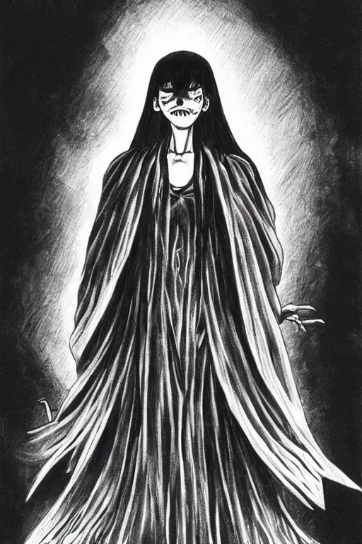 Image similar to angel of death smiling in the dark night, art by takeshi ohbata, junji ito