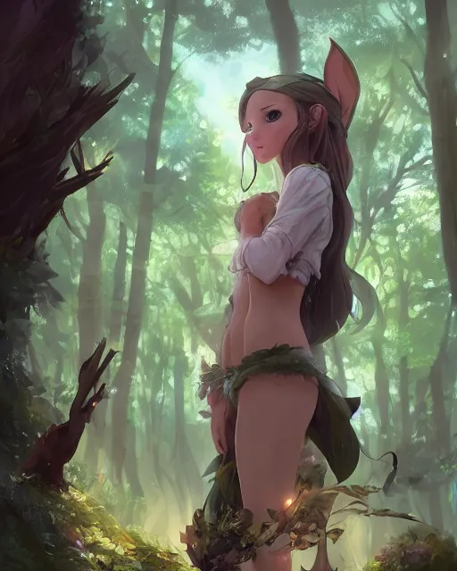 Prompt: an elven girl with a big skunk tail standing in the forest, atmospheric lighting. By Makoto Shinkai, Stanley Artgerm Lau, WLOP, Rossdraws, James Jean, Andrei Riabovitchev, Marc Simonetti, krenz cushart, Sakimichan, D&D trending on ArtStation, digital art.