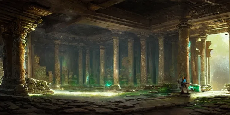 Image similar to beautiful hyperrealistic spectacular painting of the mysterious intricate ruins of the mysterious ancient temple, an advanced alien technology timemachine with a green glowing crystal from the future is inside the temple, by hubert robert and lee madwick and bastien lecouffe deharme, dramatic moonlight lighting, advanced technology