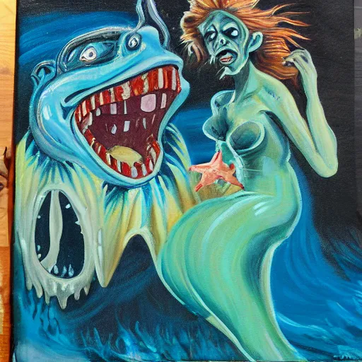 Image similar to painting of an underwater goblin with huge teeth chasing a mermaid in the style of expressionism