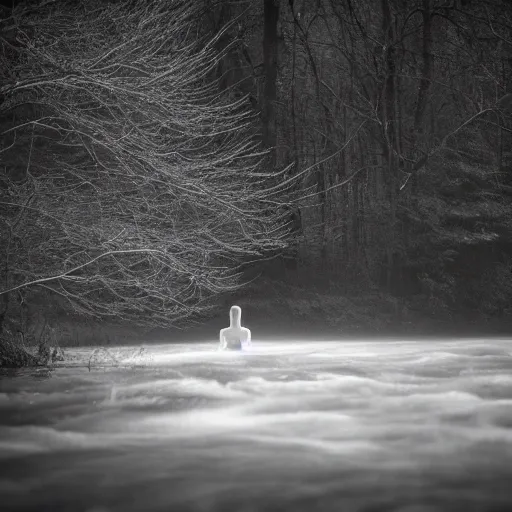 Image similar to photo of a ghostly figure floating over a river, cinematic, blair witch project, real