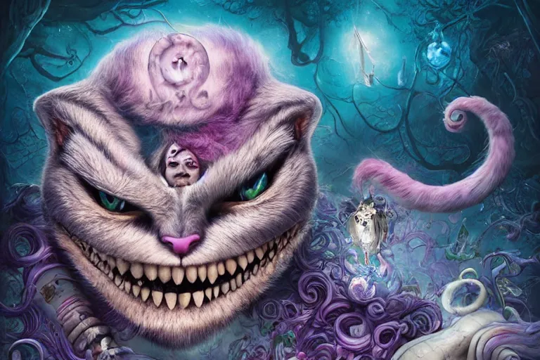 Prompt: dream portrait of Cheshire Cat from Alice in Wonderland,full character, melting ,8k,by tristan eaton,Stanley Artgermm,Tom Bagshaw,Greg Rutkowski,Carne Griffiths, Ayami Kojima, Beksinski, Giger,trending on DeviantArt,face enhance,hyper detailed,minimalist,horror, android, full of colour