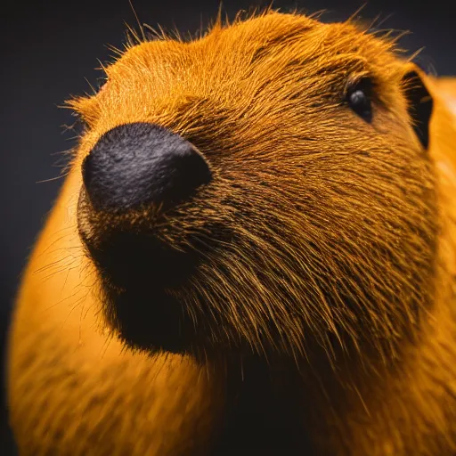 Image similar to a beautiful photo of a capybara chews on a nvidia gpu, eats an rtx 1 0 8 0 graphic card, wildlife photography, kodak gold 2 0 0, depth of field, f / 2 2, neon lamp, volumetric lighting, award - winning photo