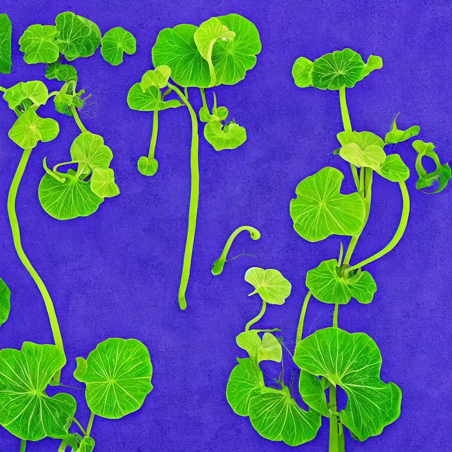 Prompt: surrealist supernatural nasturtium plant, indigo background and cool vibes