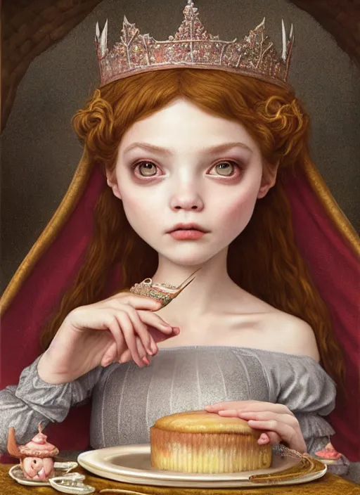 Prompt: highly detailed closeup portrait of a fairytale medieval princess eating cakes, unreal engine, nicoletta ceccoli, mark ryden, lostfish, earl norem, global illumination, god rays, detailed and intricate environment