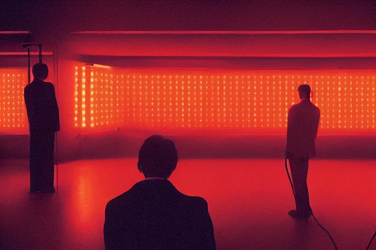 Image similar to back of a man facing a dark conference hall, people cheering at the atmospheric and obscure, red neon light, by roger deakins, cinematography, syd mead