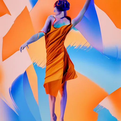Image similar to beautiful model girl body art fabric skin turns into dress creasing plastic bag folds heavy brushstrokes style of jonathan zawada, thisset colours simple background gradient objective light orange and blue amber colours