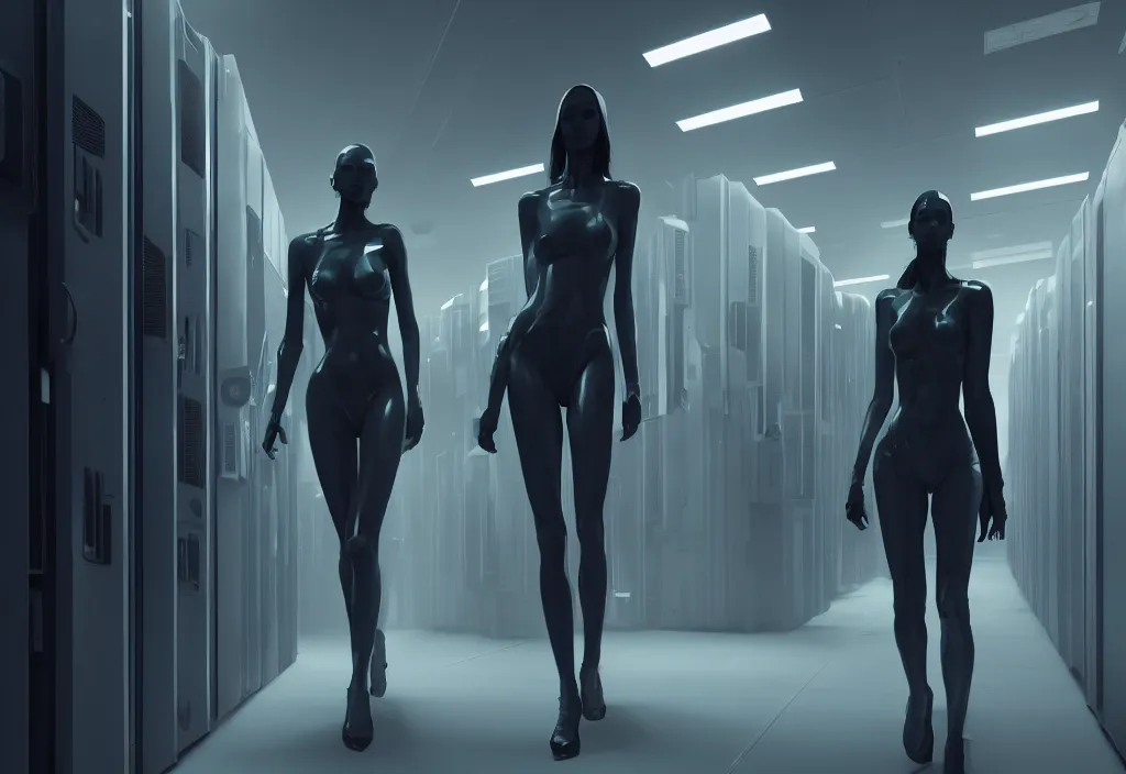 Image similar to by rupert sanders android walking in server room in datacenter, shot by cyberpunk syle, character design, proportional body, whole body, whole figure, very realistic cinematic concept art, complementary color, realistic detailed, sharp lines, trending on artstation, volumetric lighting, octane render