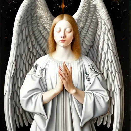 Image similar to highdetailed hyperrealistic painting of white angel!!! no gender smiling noface!!!, light instead of hands, white sparkles everywhere, 4 k hd face!!!, big silver high detailed wings!!!, renaissance, by jan van eyck, holography space, glow effect, large strokes, monochrome!!!!!