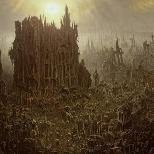 Image similar to an ominous nightmare of a river of blood spreading death and tarnation over a tarninshed graveyard in ruins, gothic, castelvania, decay and destruction, by stephen gammel, franz sedlacek, gustave dore, fromsoftware, matte painting, super wide angle, aerial photography, trending on artstation, epic masterpiece,