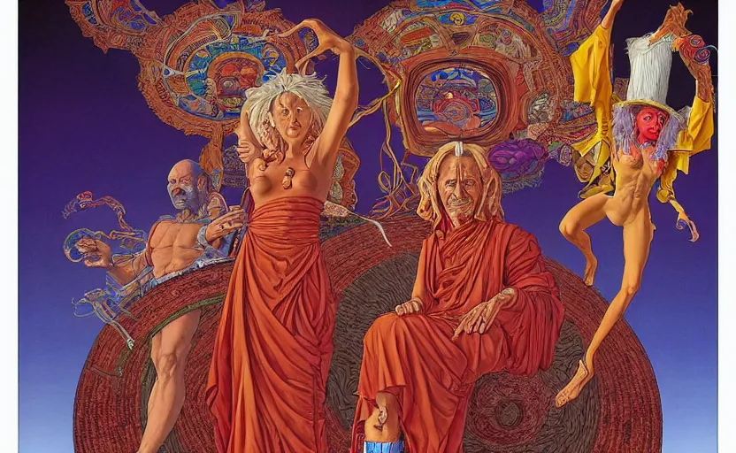 Prompt: an astonishing and hilarious jean giraud work of art of sasha and anne shulgin in the style of a renaissance masters portrait, mystical and new age symbolism and tibetan book of the dead imagery, intricately detailed, chemisty theme, 4 k