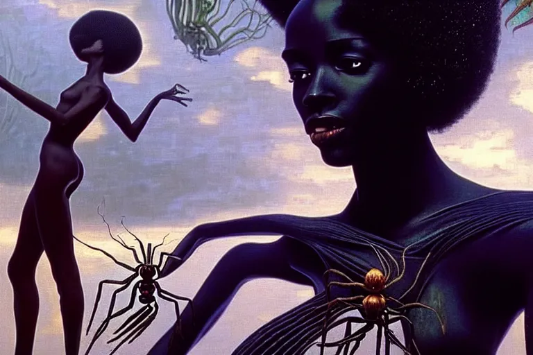 Image similar to realistic detailed portrait movie shot of a beautiful black woman dancing with a giant spider, futuristic sci fi landscape background by denis villeneuve, jean deville, yves tanguy, ernst haeckel, alphonse mucha, max ernst, caravaggio, roger dean, sci fi necklace, fashion, masterpiece, rich moody colours