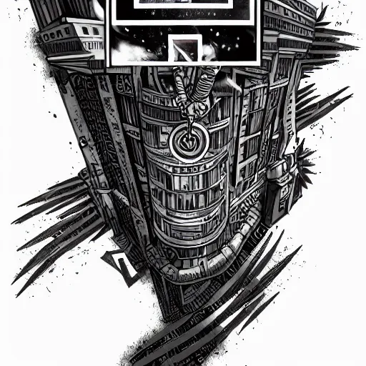 Image similar to tattoo png logo of black hole rising above city, city destroyed by shockwave, black hole with accretion disс, digital art, vector logo, sticker, black and white, art by brock hofer, marc simonetti