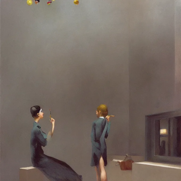 Image similar to flying sourcer abducting a lollypop, quiet foggy scene painted by Edward Hopper and Robert McGinnis masterpiece, intricate, elegant, fantasy, highly detailed, digital painting, concept art, sharp focus, artstation