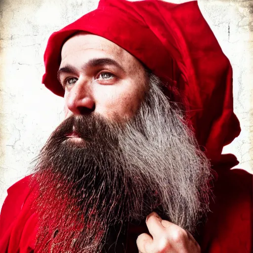 Image similar to a man with a long black beard in a red robe, portrait, realism, cyberpunk, manly beard