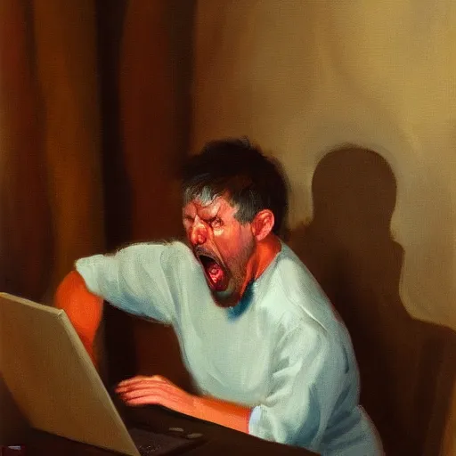 Image similar to an angry man yells at his computer monitor, oil on canvas, highly detailed