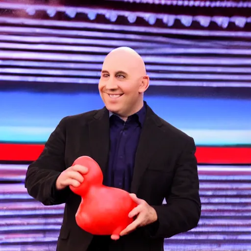 Prompt: tv show bald contestant with giant ears winning a duck on tv show wheel or no wheel