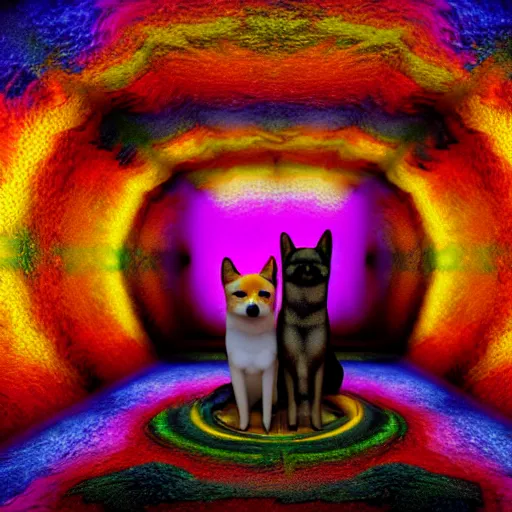 Prompt: two shiba inu in the psychedelic baroque dmt fourth dimensional tunnel, octane 3 d render