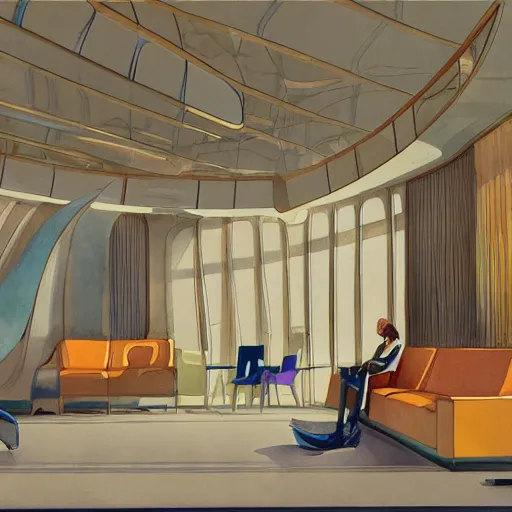 Image similar to a beautiful illustration of futuristic interior hall, lots of furniture, sofa, waiting room, big medium small, sacred geometry, golden ratio, in watercolor gouache detailed paintings, in style of syd mead, trending on artstation,8k, panel, hard surface, vent, zaha hadid