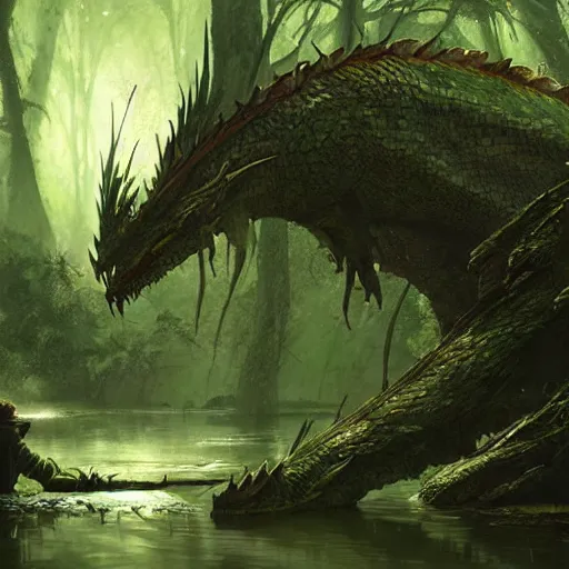 Image similar to green dragon sleeping in a swamp, fantasy, dnd, art by greg rutkowski