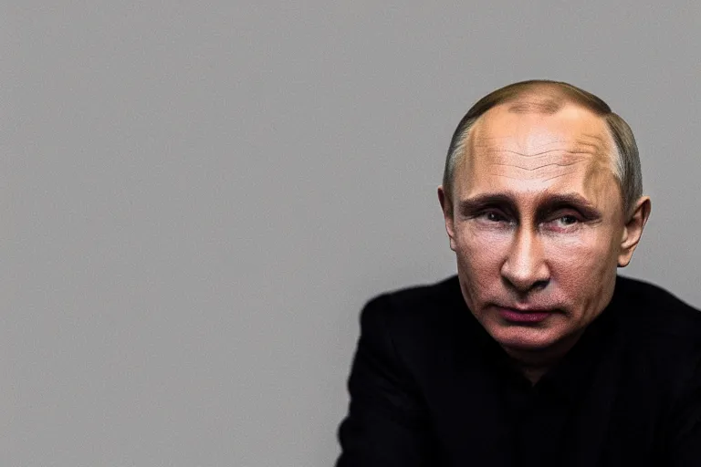 Image similar to a medium low angle shot of Vladimir putin sitting in squat position, looking at the camera, lit from below, shot from below, squatting, 8k, black background