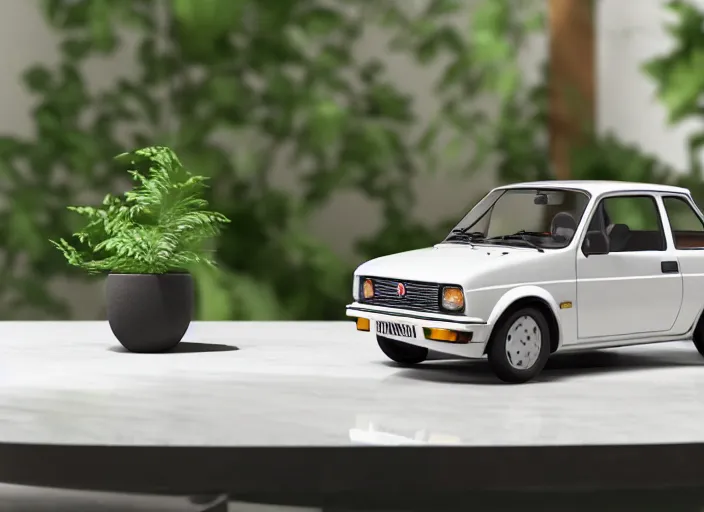 Image similar to a small miniature of a Fiat Ritmo 1987 on a white table near a book and a vase with a plant, 3d render, octane render, unreal engine 5, path tracing, serene landscape, calm, relaxing, beautiful landscape, highly detailed, high quality, 4k, symmetrical, low contrast