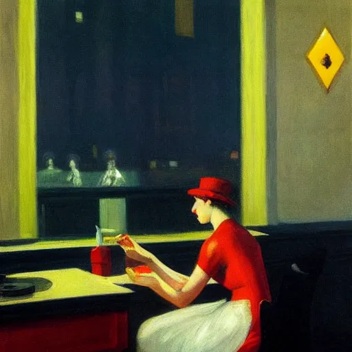 Image similar to radio, city, queen of hearts, painting, by edward hopper