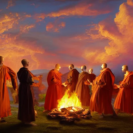 Prompt: medieval monks dancing around fire, pagan ritual, painting by Frederic Edwin Church, octane rendering, warm moody lighting, wide angle lens, in the style of Pixar, fire fills the sky,