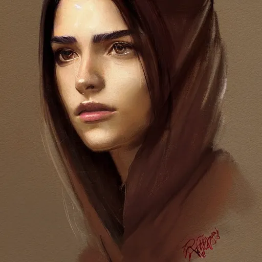 Prompt: Portrait of a woman by Greg Rutkowski, she is about 20 years old, brown long and straight hair, pretty oval face, attractive, her features are a mix between german and turkish, tall and slim, smart looking, she is wearing utilitarian red and black jumpsuit, highly detailed portrait, digital painting, artstation, concept art, smooth, sharp foccus ilustration, Artstation HQ.