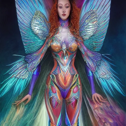 Prompt: a beautiful symmetrical woman full body wearing diamond armor with translucent colorful wings by alex gray and android jones , Karol Bak, Ayami Kojima, Amano , concept art, character design, fantasy,3D, 8k resolution