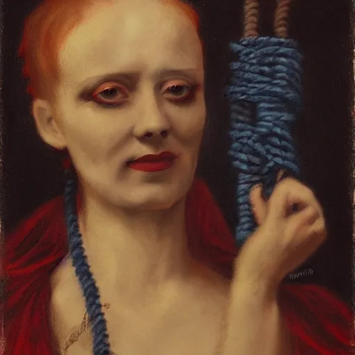 Image similar to dark portrait, death ultra red head woman in medieval dress, strangled with rope, bluish face, victorian style, high detail