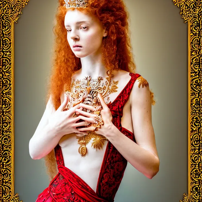 Prompt: photo portrait of a beautiful woman like a queen-ethereal-angel, dressed in long elegant intricate ornamental baroque white dress, natural skin tone, intricate fractal highly detailed baroque ornament in the upper side of breast, bust with a very long neck , elegant, highly detailed intricate baroque ornament in her red hair, Realistic, Refined, Highly Detailed, Cinematic Lighting, fine art photography by Paolo Roversi, volumetric studio lighting, hyper realistic photography