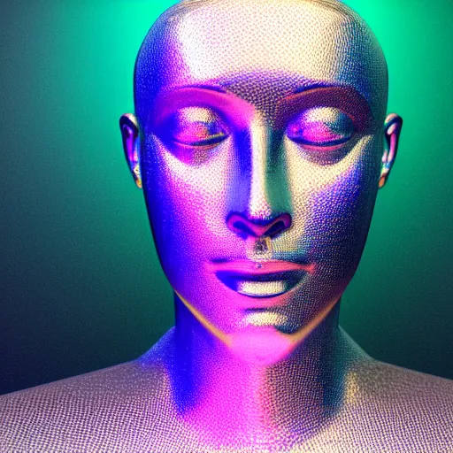 Image similar to 3d render of holographic human robotic head made of glossy iridescent, surrealistic 3d illustration of a human face non-binary, non binary model, 3d model human, cryengine, made of holographic texture, holographic material, holographic rainbow, concept of cyborg and artificial intelligence