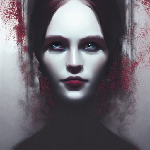 Prompt: shameless woman whis impudent facial expression, shadow of the cross, elegant, dark and mysterious, atmospheric, red, trending on artstation, highly detailed, digital painting, volumetric light, concept art, middle focus, illustration