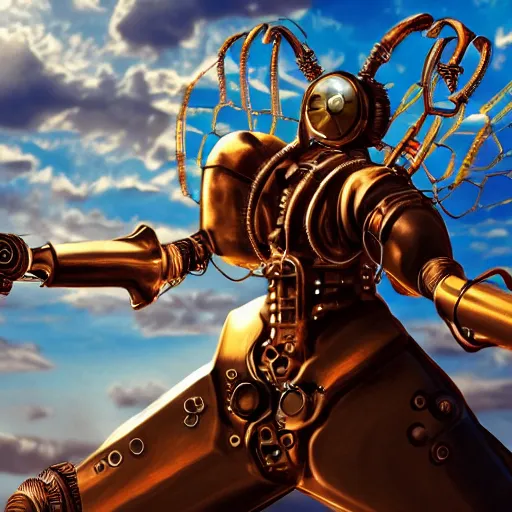 Prompt: a steampunk robotic angel with gun arms shooting, intense, extremely detailed, anime, sparks, clouds, sky, beautiful, sunny, copper, pipes, rusty, metal, cinematic lighting, sharp focus, copper wings,