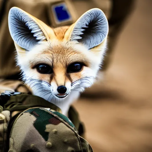 Image similar to close up of a fennec fox dressed in a modern american military soldier uniform, in apocalyptic wasteland, 8 5 mm f / 1. 4