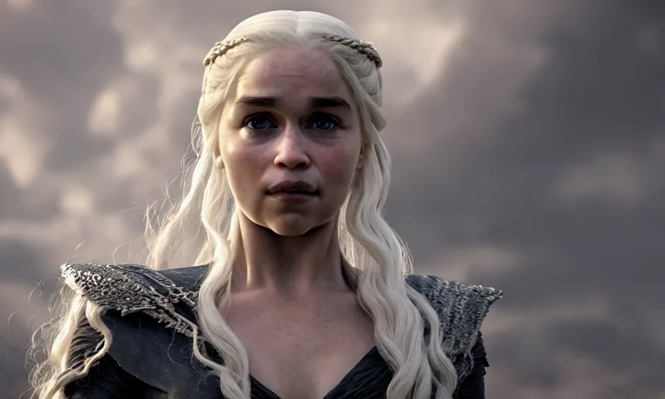 Image similar to How Daenerys was supposed to look like, based on books Cinematic shot. Movie trailer. 4k ultra hd. Portrait. Dramatic. Jail background.